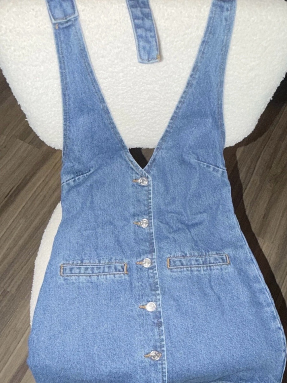 Edikted Light Blue Denim Overall Dress with Front Buttons
